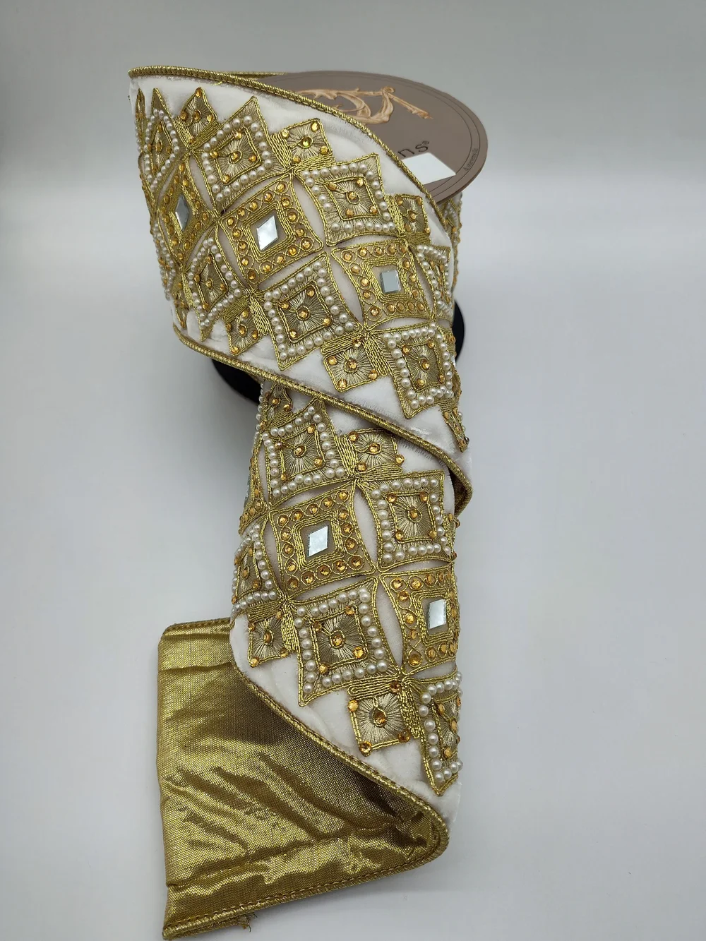 D. STEVENS Padded Jeweled Mirror Pearl Velvet Ribbon Gold Ivory 5 Yards NWT